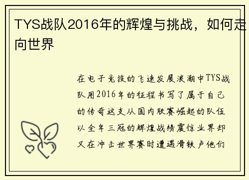 TYS战队2016年的辉煌与挑战，如何走向世界