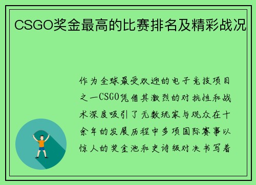 CSGO奖金最高的比赛排名及精彩战况