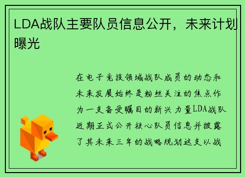 LDA战队主要队员信息公开，未来计划曝光